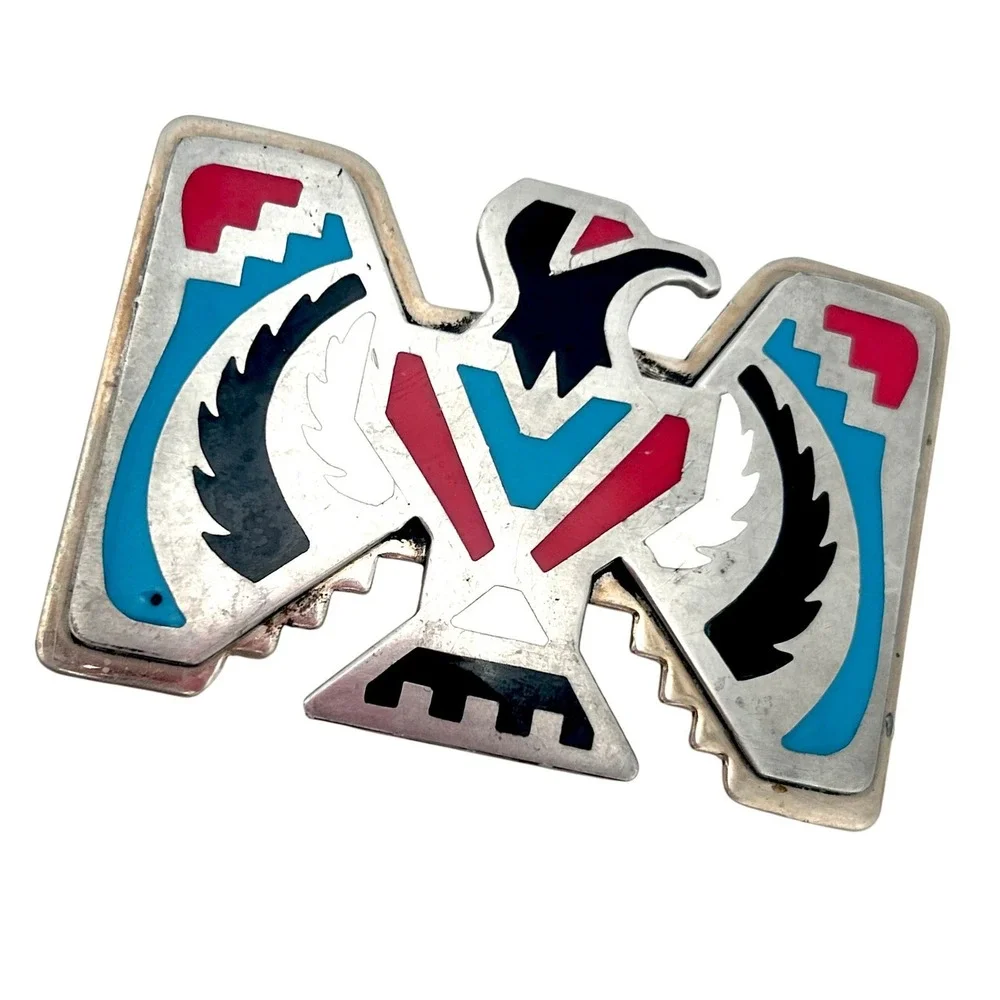 B-K Silversmiths Vintage Thunderbird Belt Buckle Phoenix Arizona Enamel Inlay